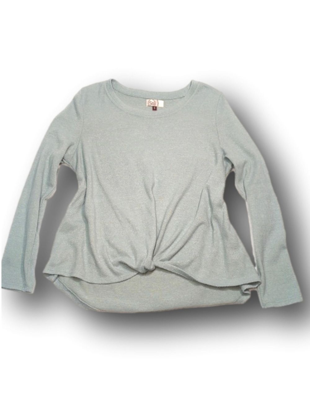 Heathered light green knot front blouse